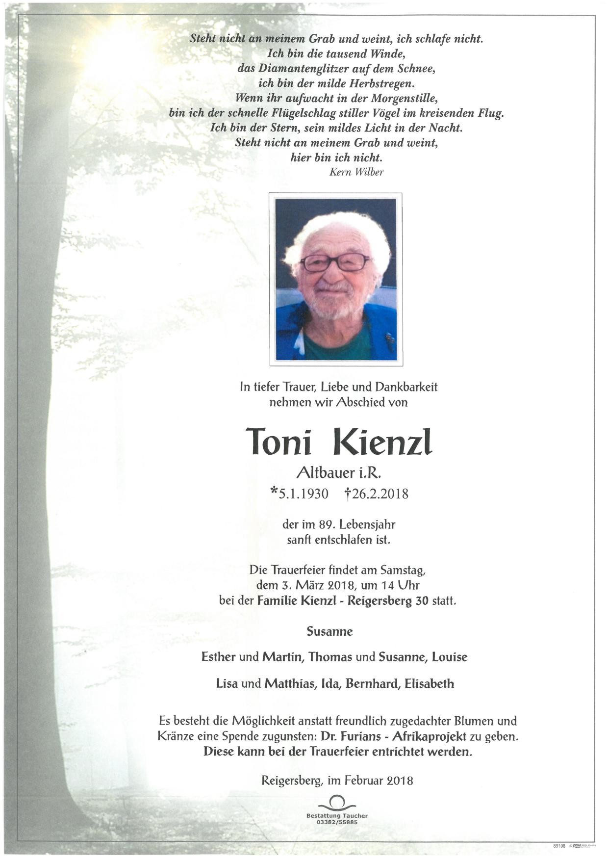 Traueranzeige von Toni Kienzl