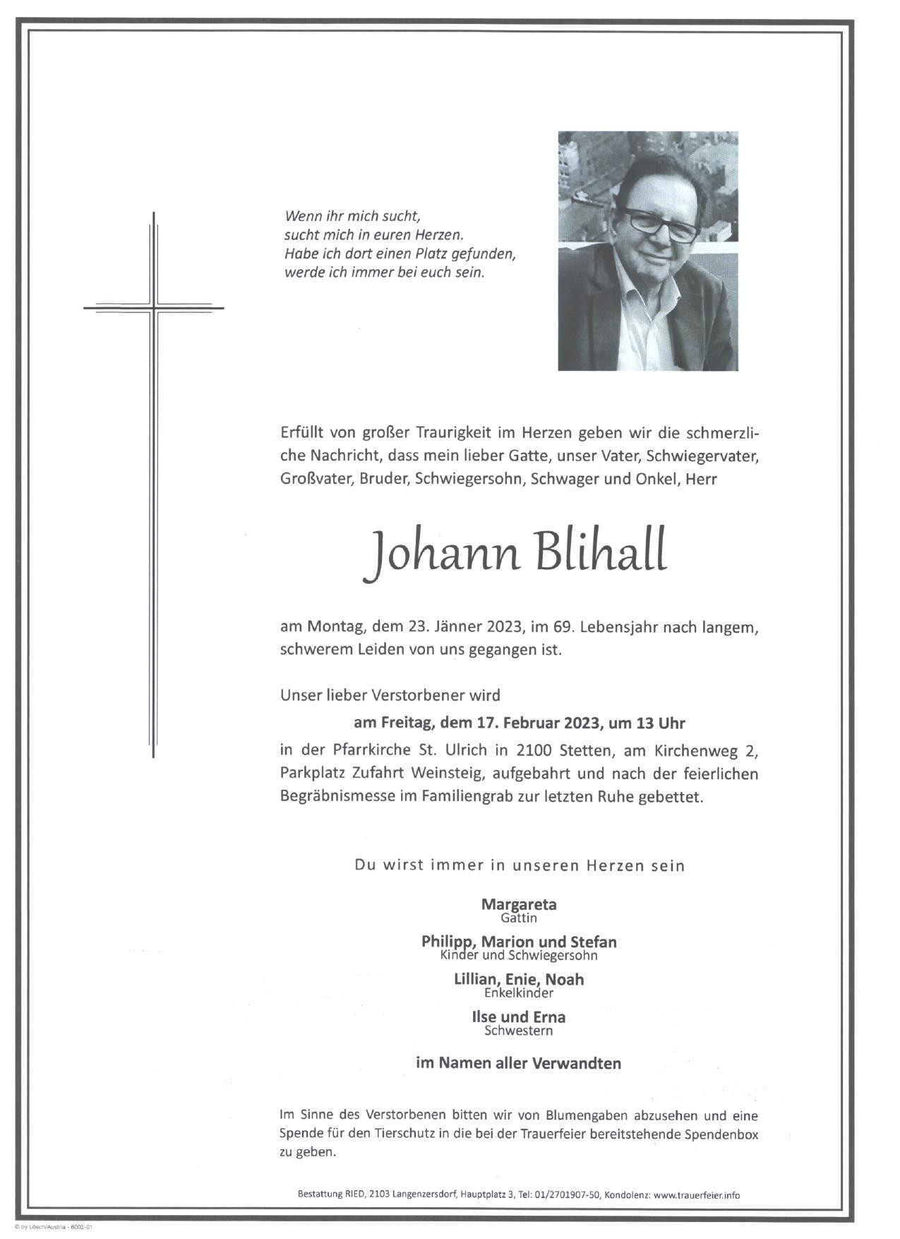Traueranzeige von Johann Blihall