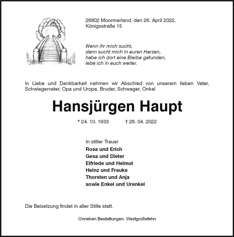 Traueranzeige von Hansjürgen Haupt