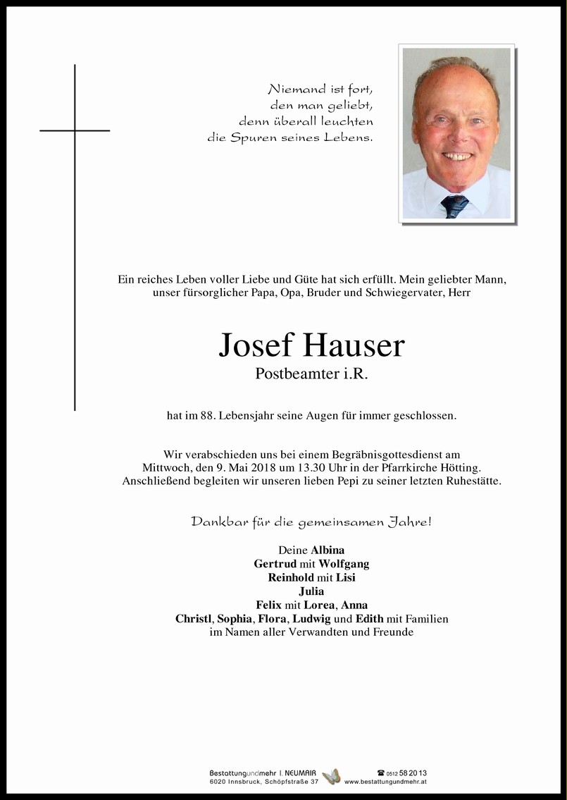 Traueranzeige von Josef Hauser
