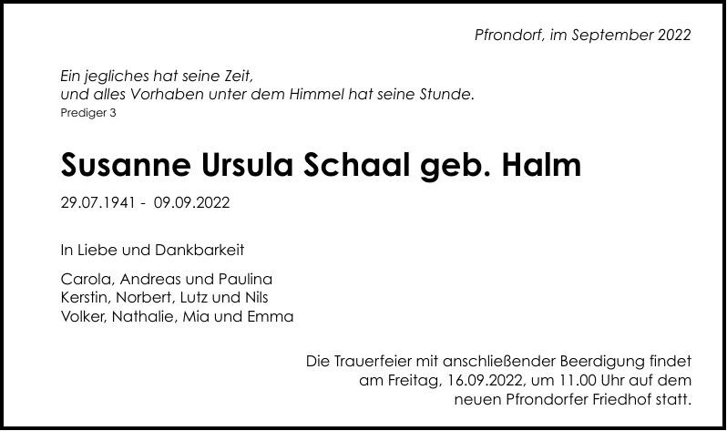 Traueranzeige von Susanne Ursula Schaal
