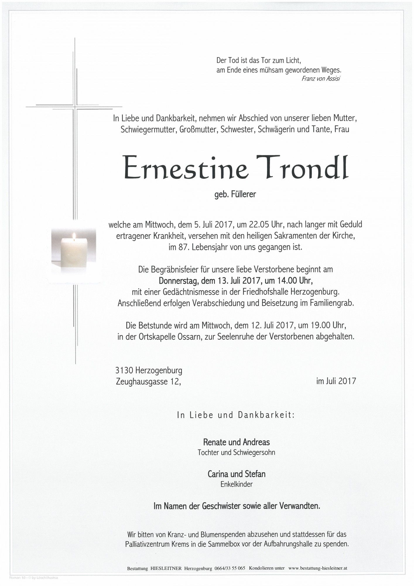 Traueranzeige von Ernestine Trondl