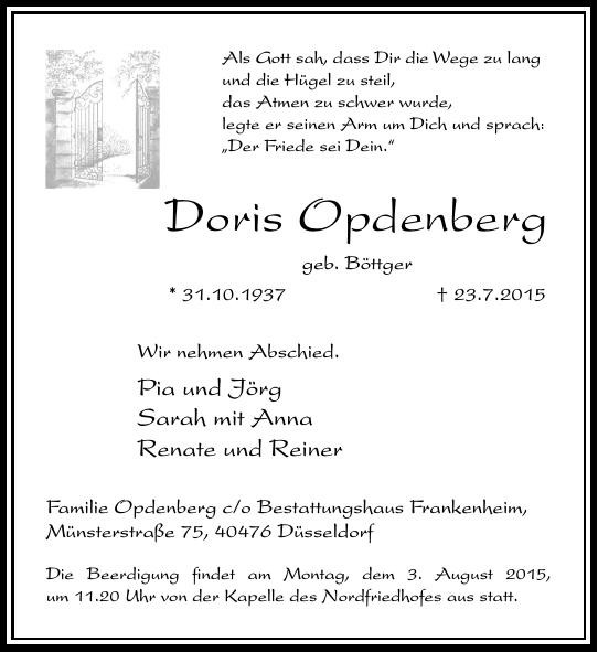 Traueranzeige von Doris Opdenberg