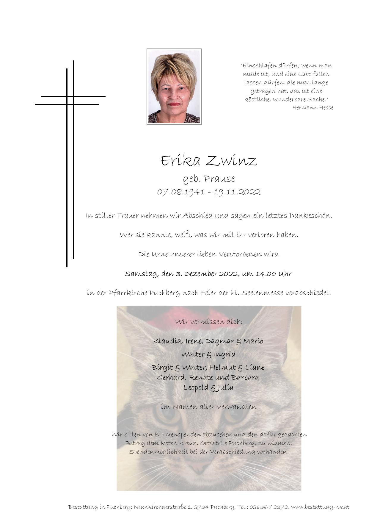 Traueranzeige von Erika Zwinz