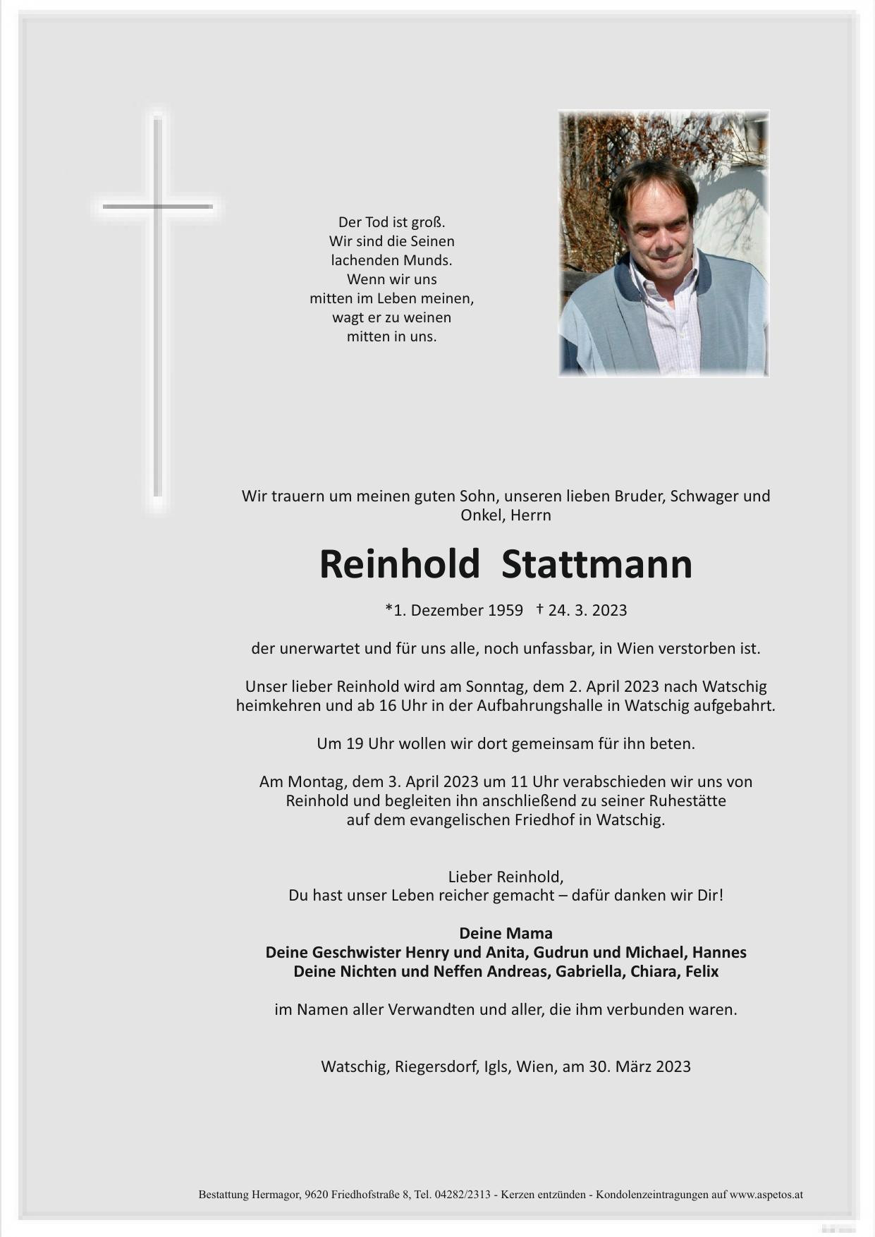 Traueranzeige von Reinhold Stattmann