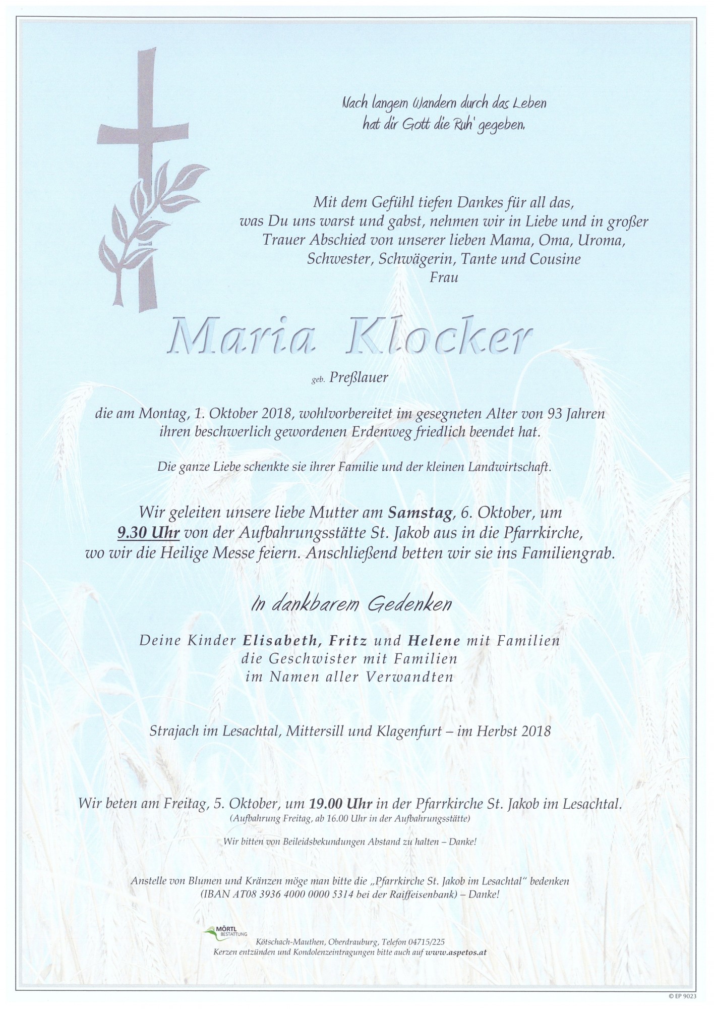 Traueranzeige von Maria Klocker