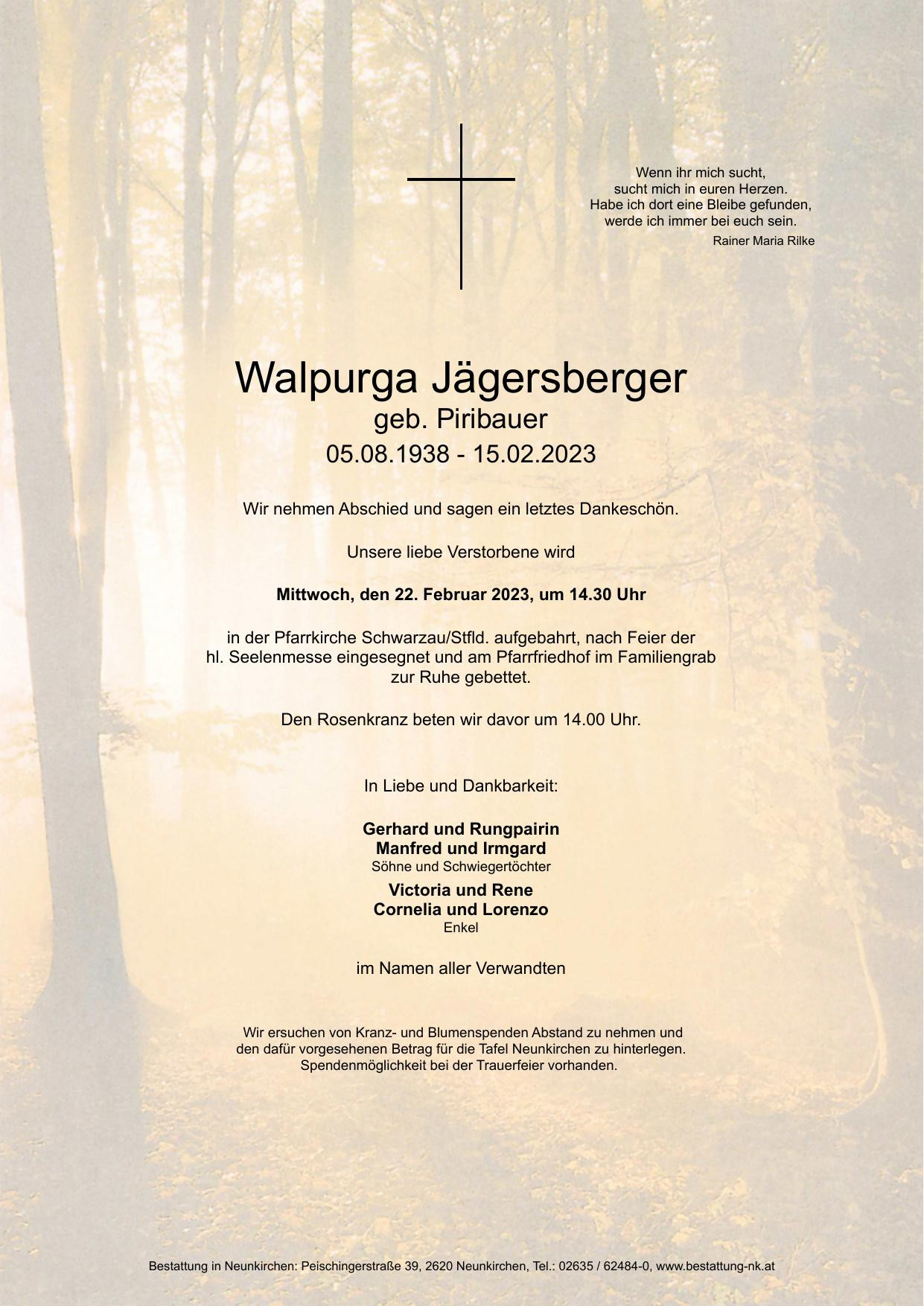 Traueranzeige von Walpurga Jägersberger