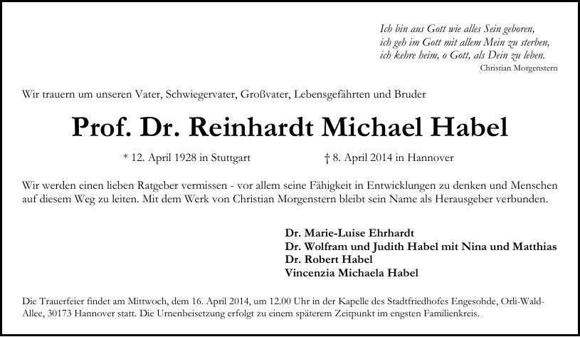 Traueranzeige von Reinhardt Habel