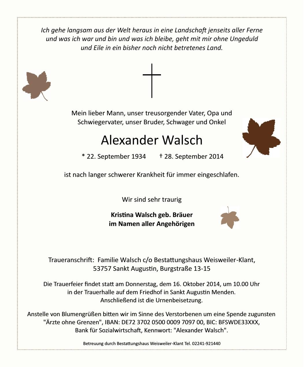 Traueranzeige von Alexander Walsch