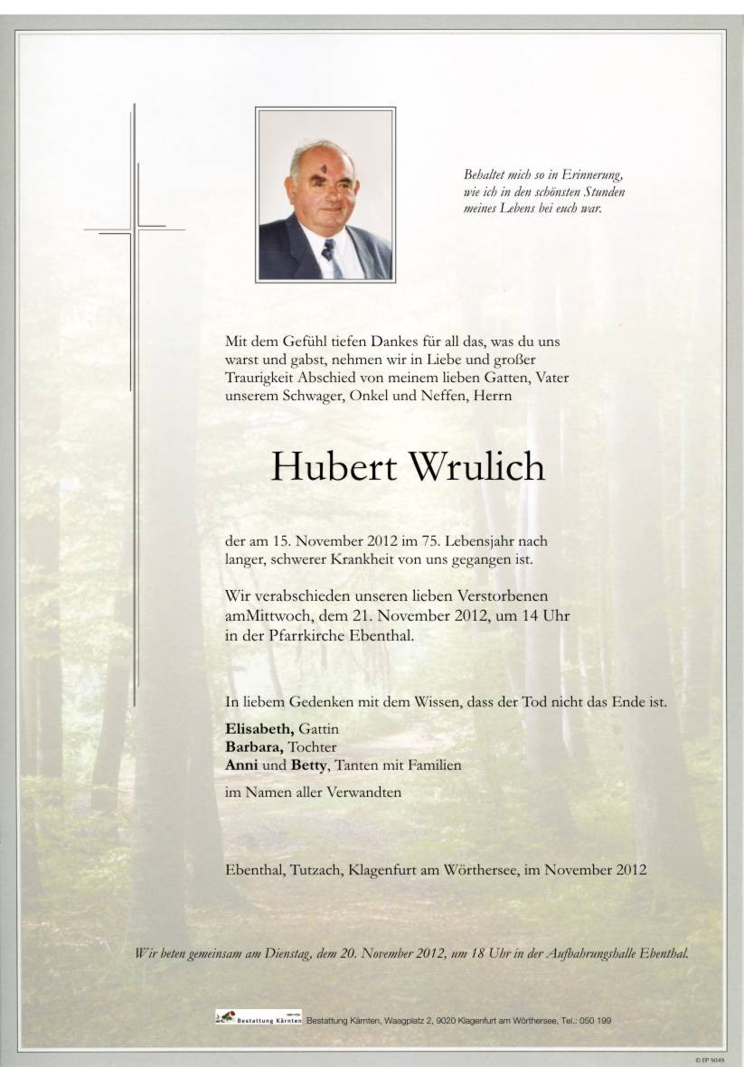 Traueranzeige von Hubert Wrulich