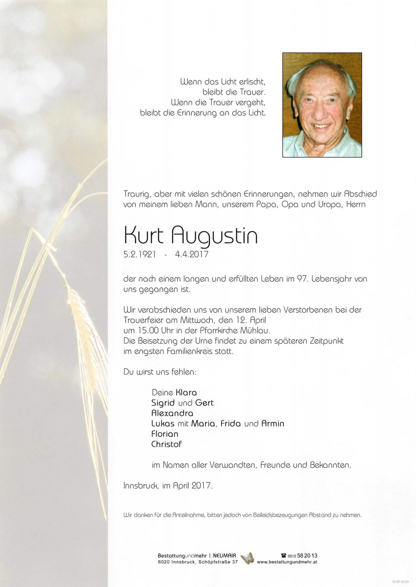 Traueranzeige von Kurt Augustin