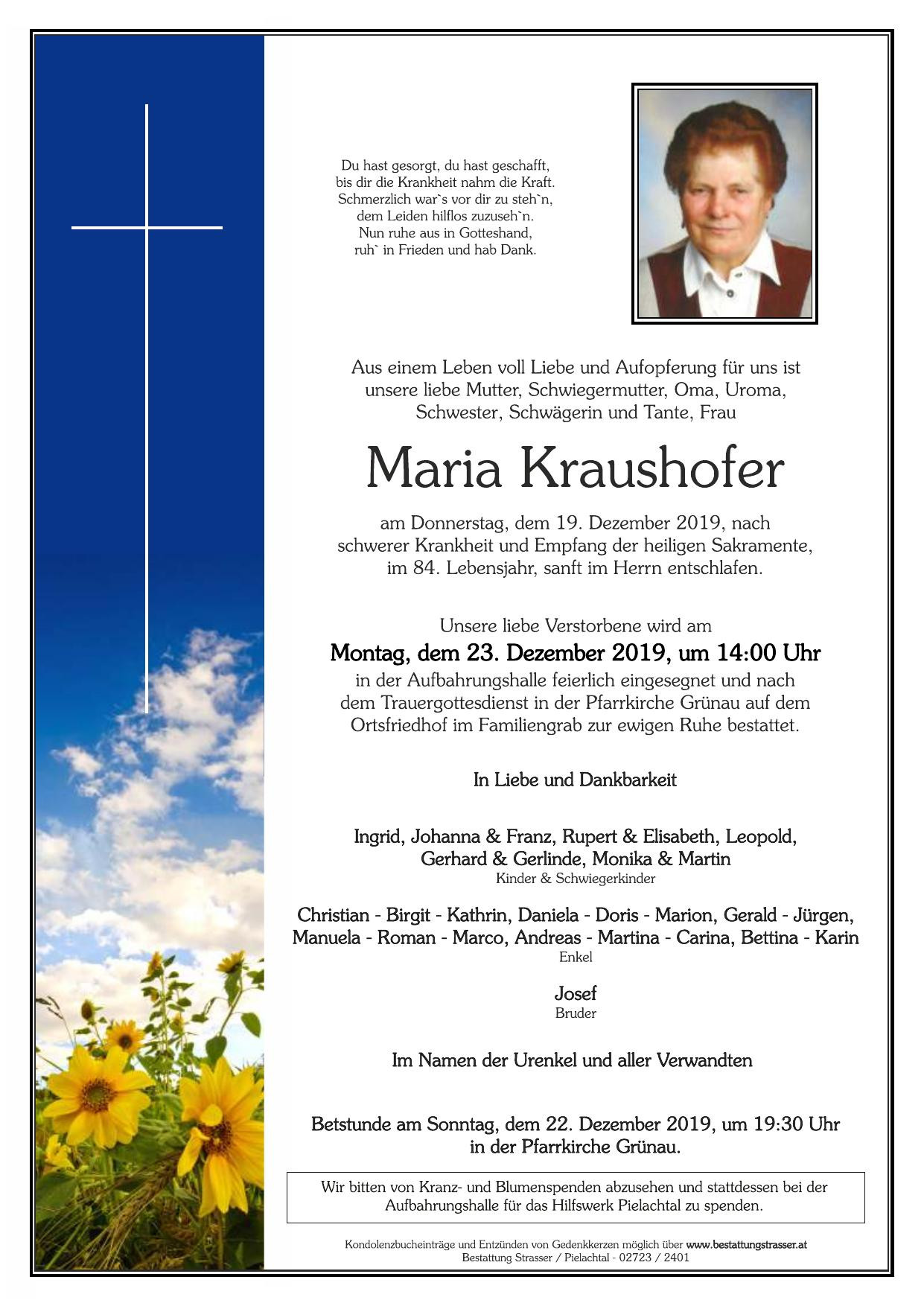 Traueranzeige von Maria Kraushofer