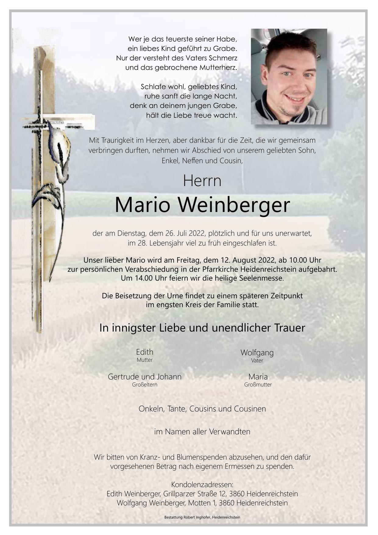 Traueranzeige von Mario Weinberger