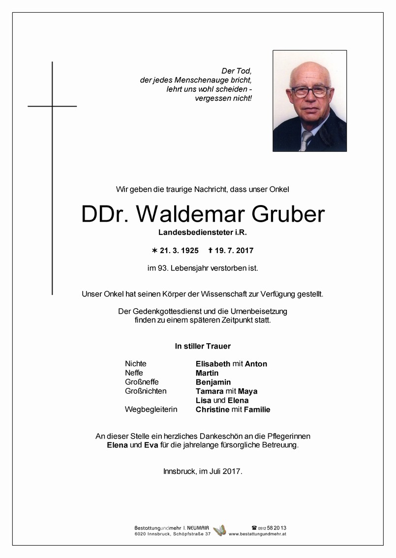 Traueranzeige von DDr. Waldemar Gruber