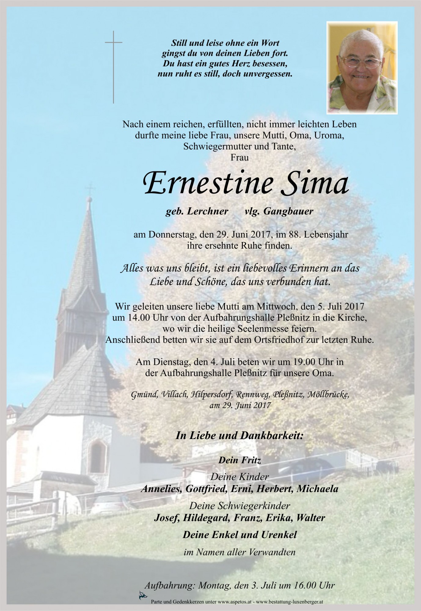 Traueranzeige von Ernestine Sima