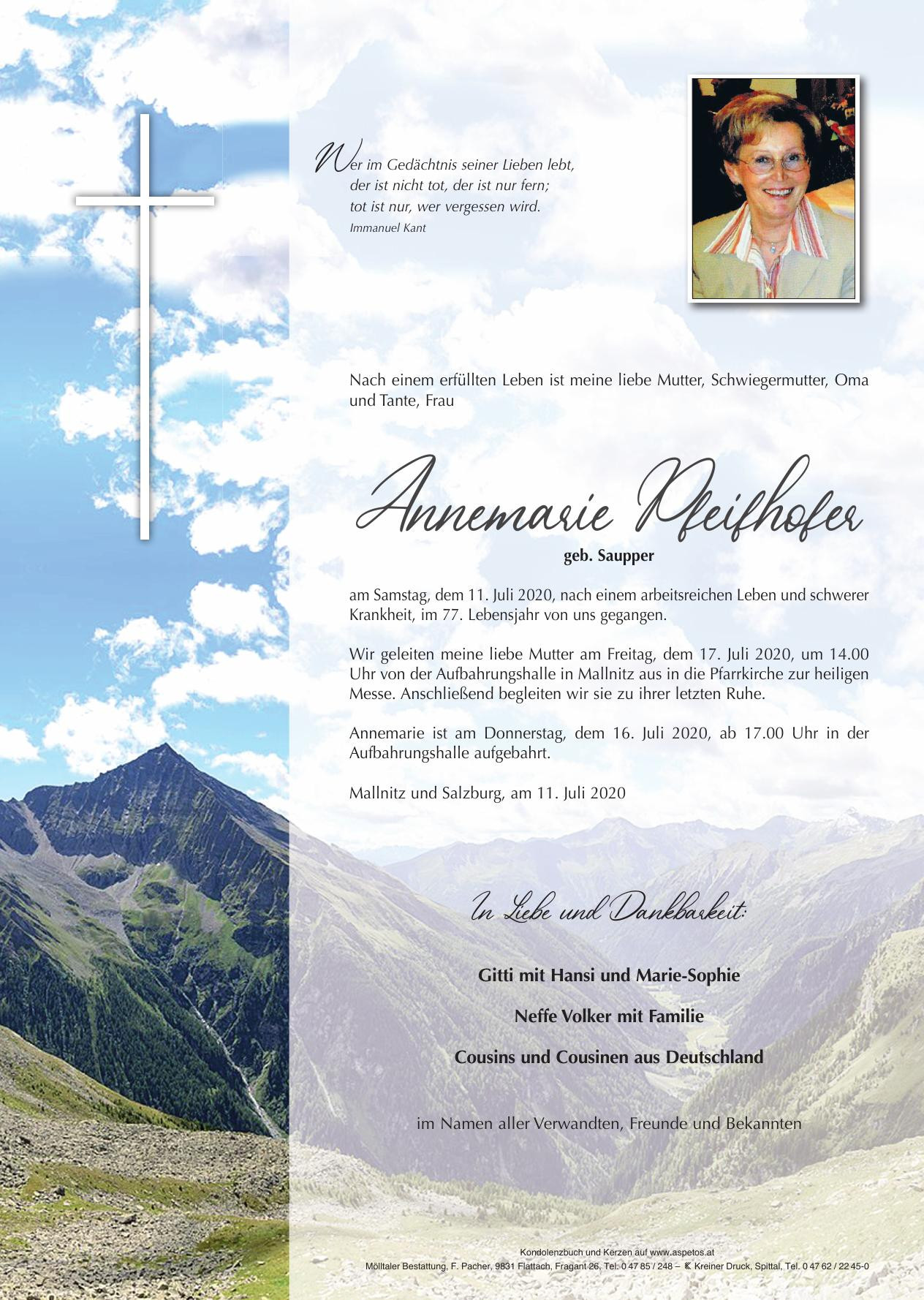 Traueranzeige von Annemarie Pfeifhofer