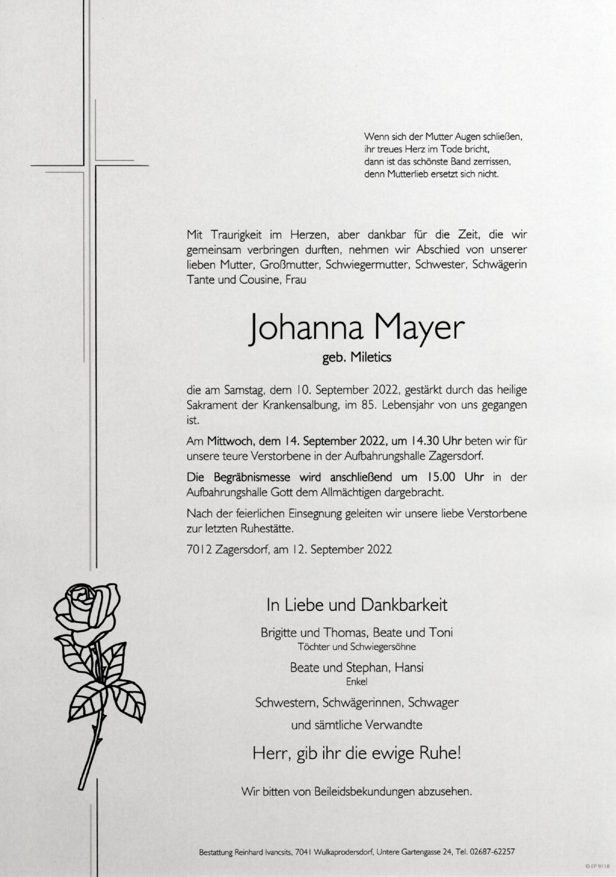 Traueranzeige von Johanna Mayer