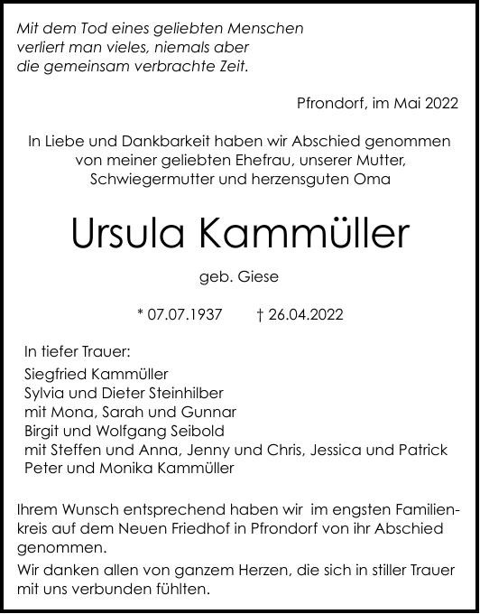 Traueranzeige von Ursula Kammüller