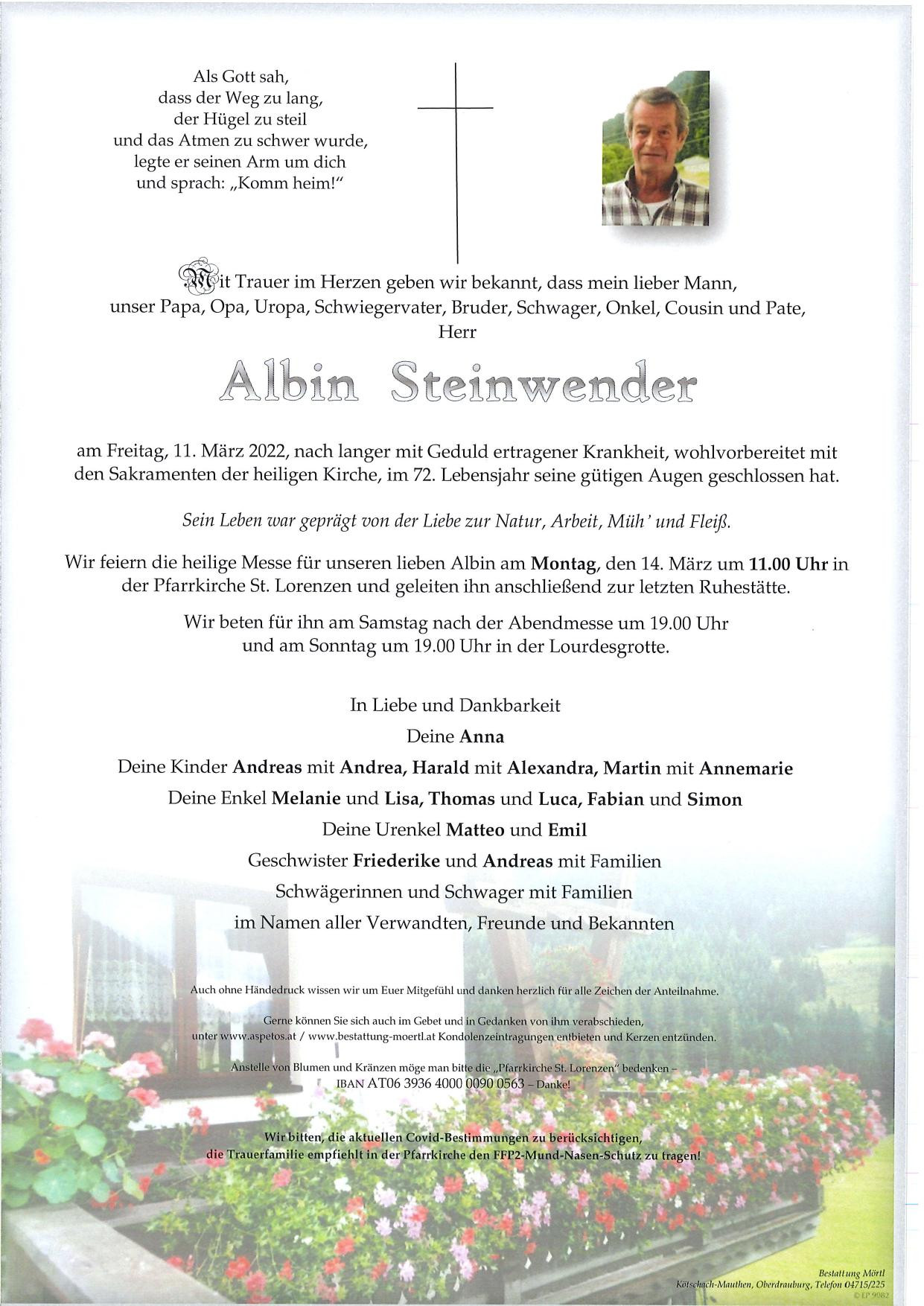 Traueranzeige von Albin Steinwender