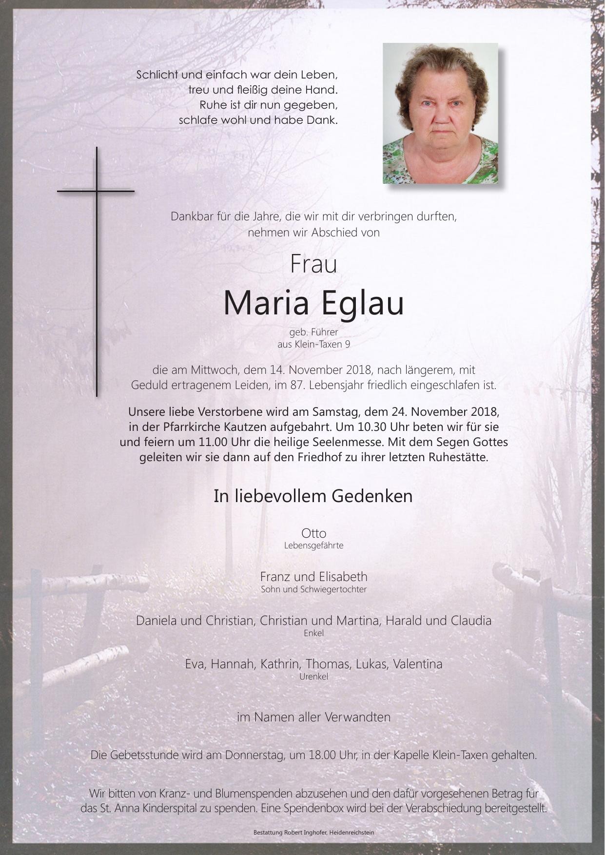 Traueranzeige von Maria Eglau