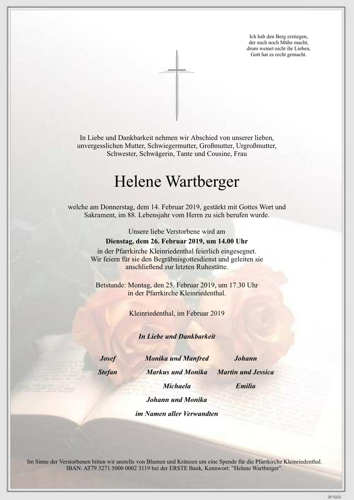 Traueranzeige von Helene Wartberger