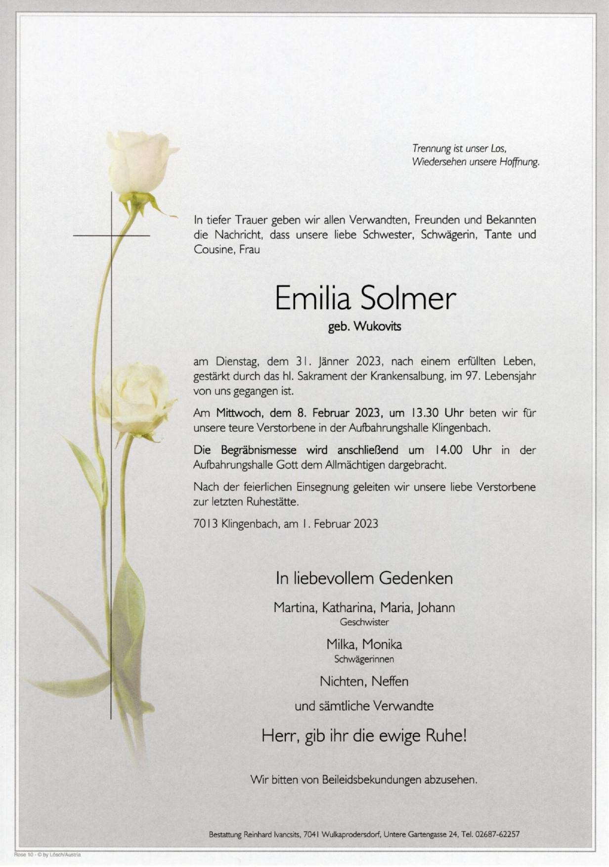 Traueranzeige von Emilia Solmer