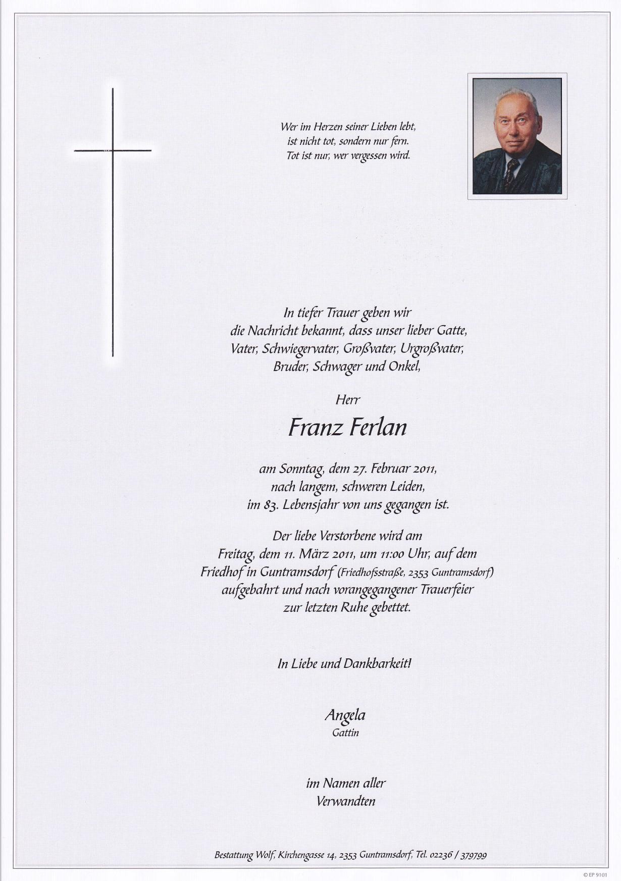 Traueranzeige von Franz Ferlan