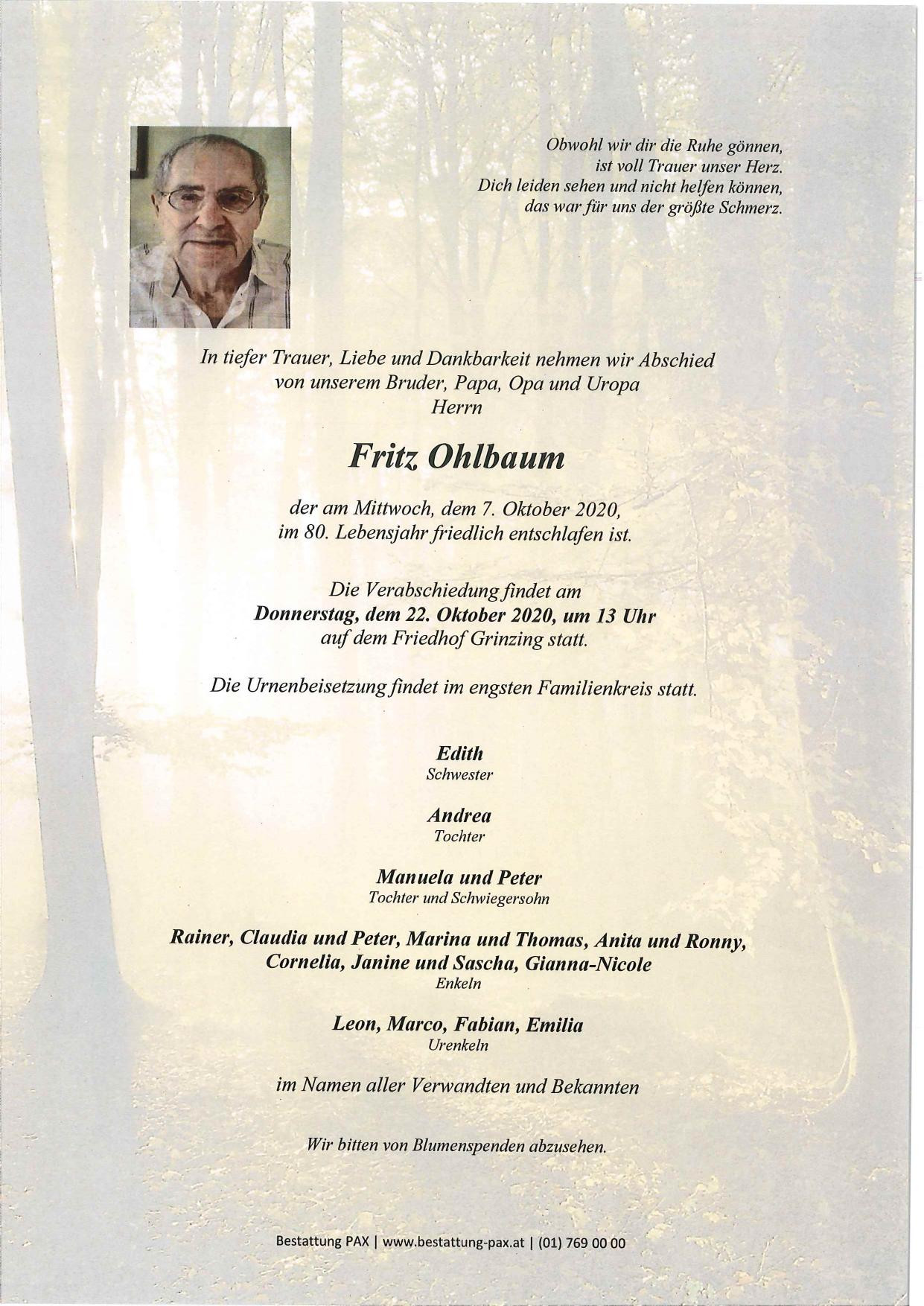 Traueranzeige von Fritz Ohlbaum