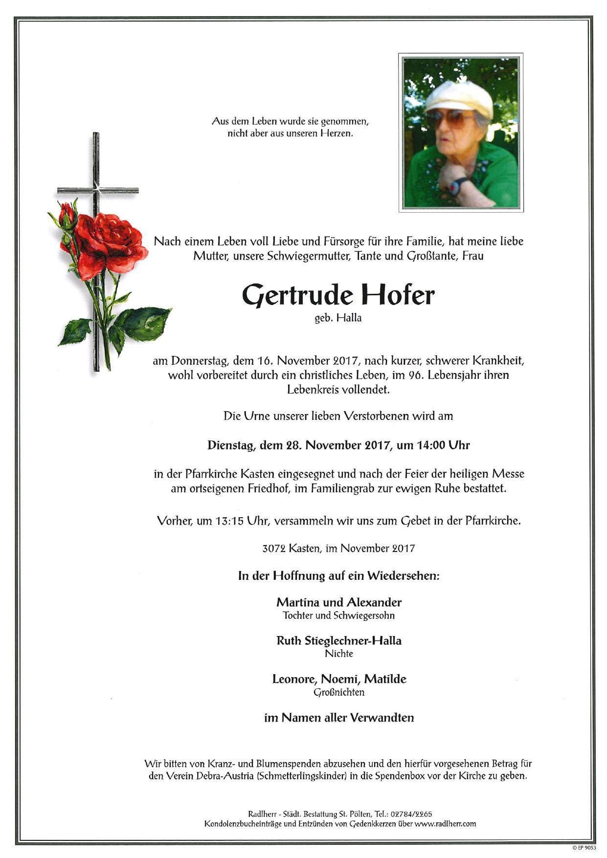 Traueranzeige von Gertrude Hofer
