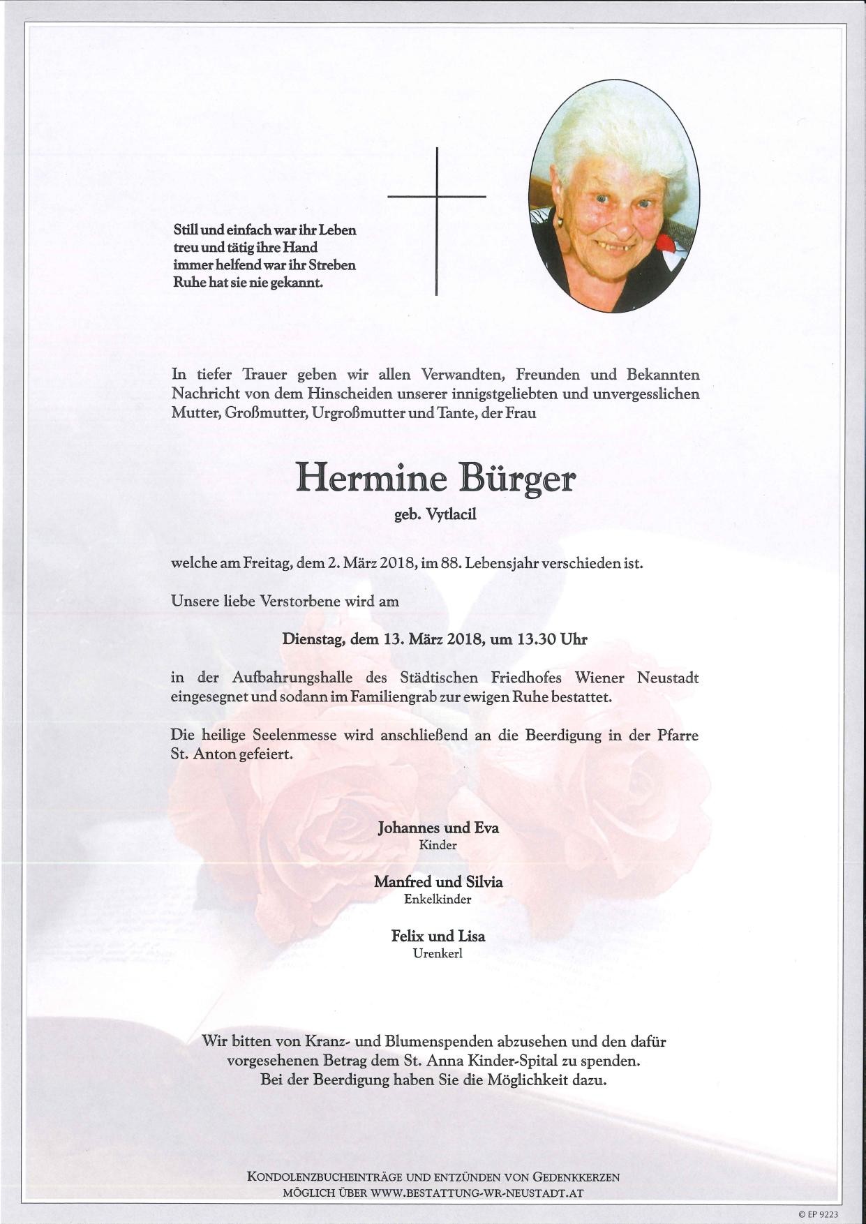 Traueranzeige von Hermine Bürger