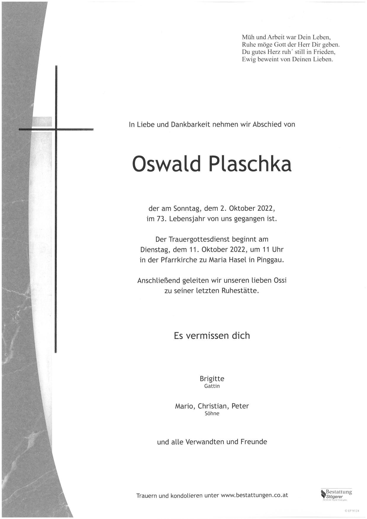 Traueranzeige von Oswald Plaschka