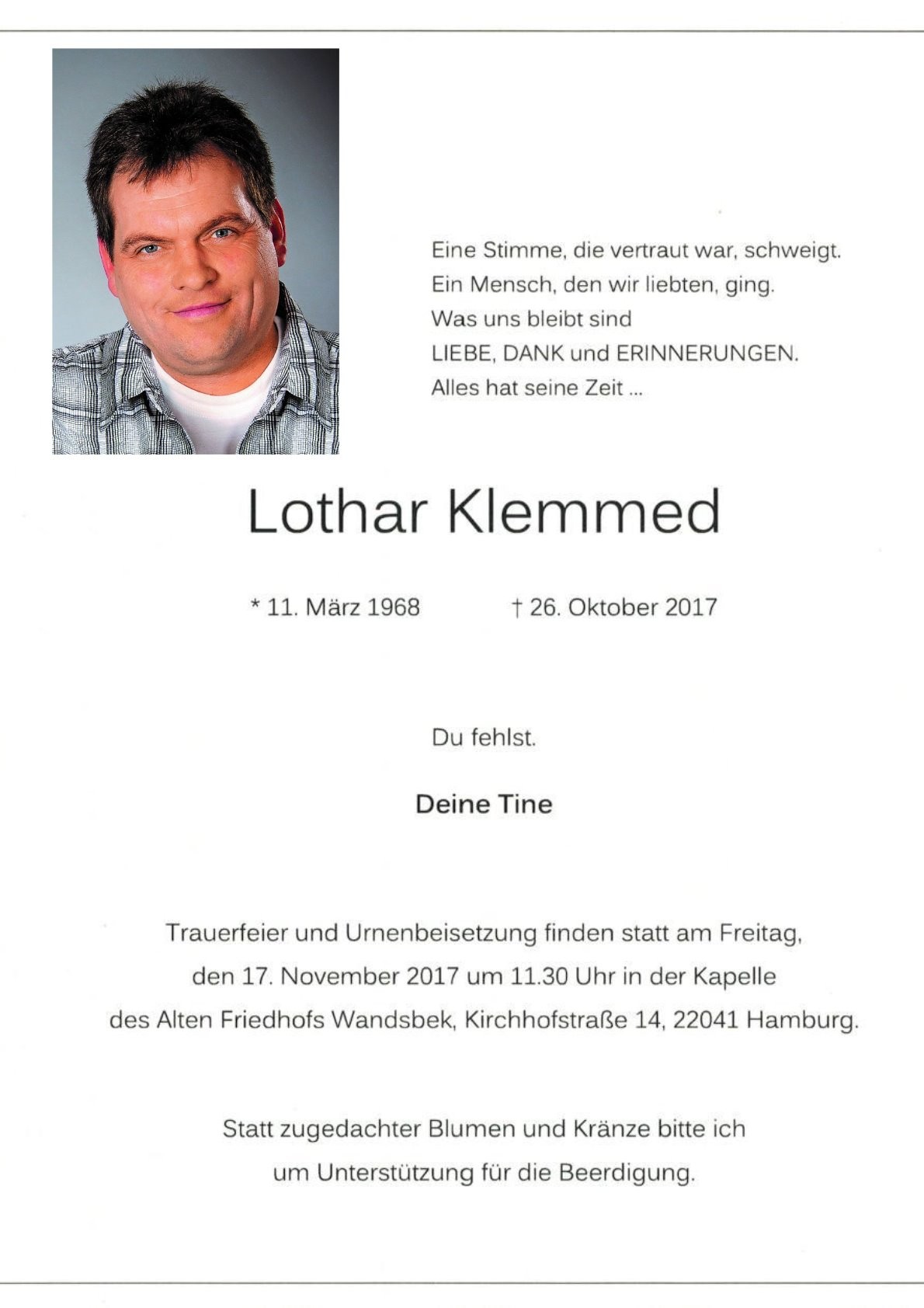 Traueranzeige von Lothar Klemmed