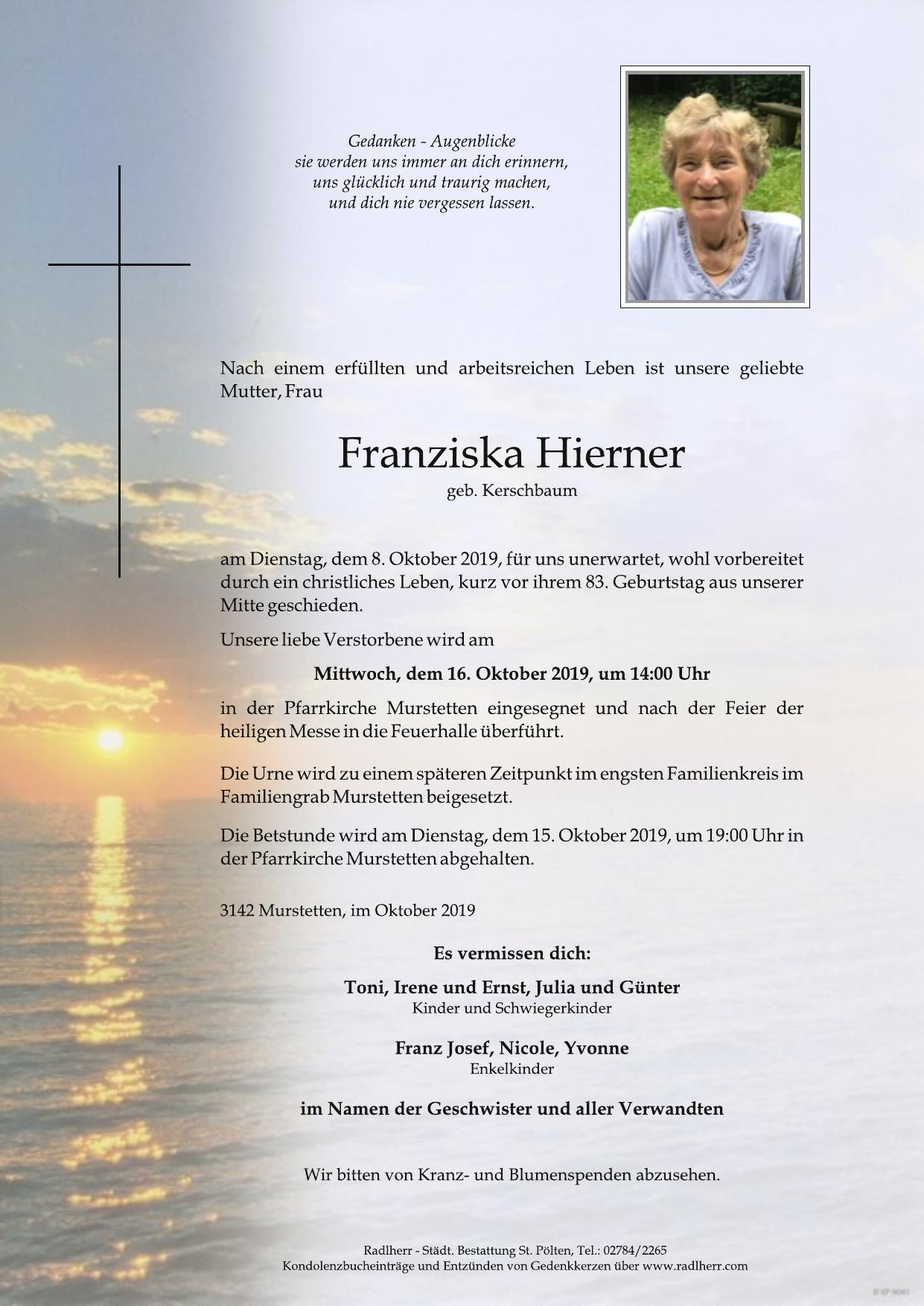 Traueranzeige von Franziska Hierner