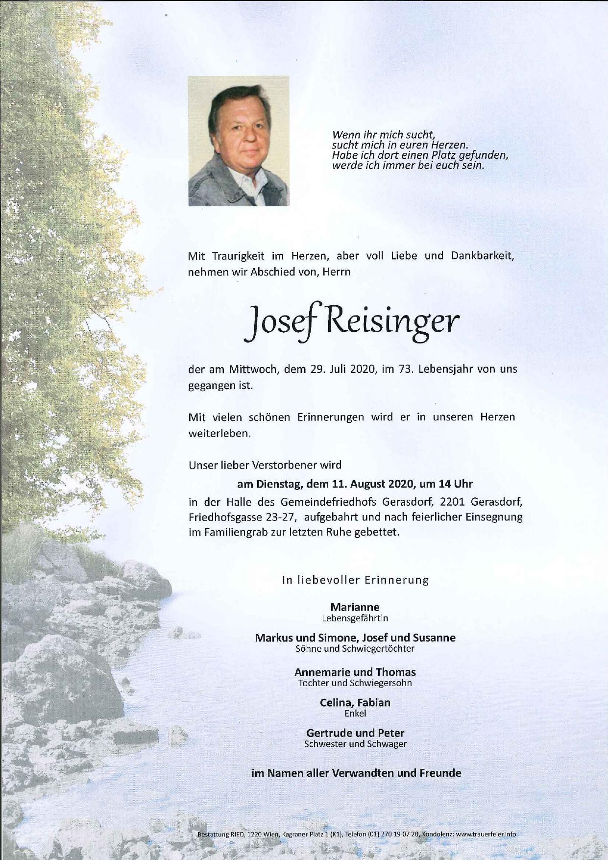 Traueranzeige von Josef Reisinger