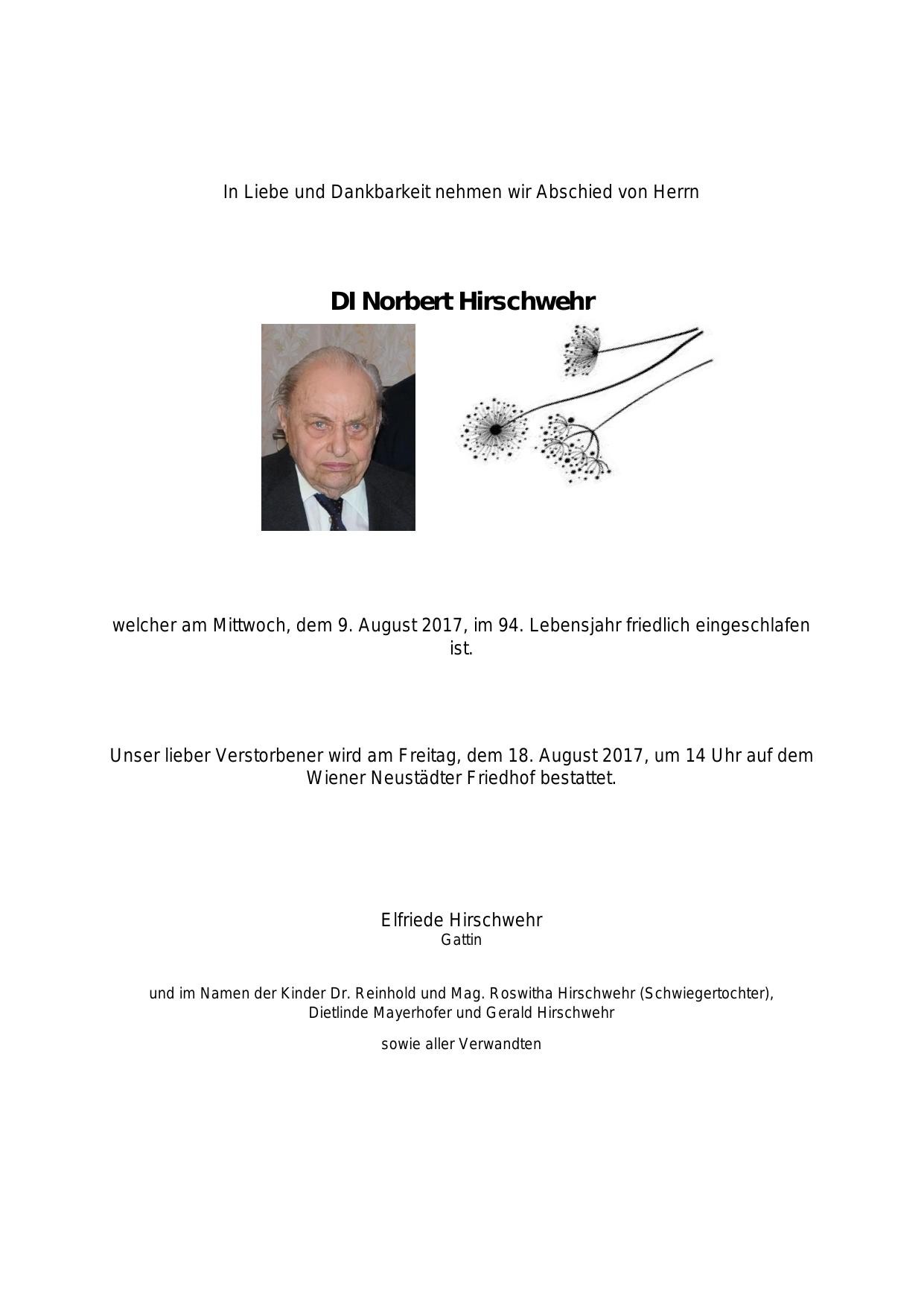 Traueranzeige von Dipl. Ing. Norbert Hirschwehr