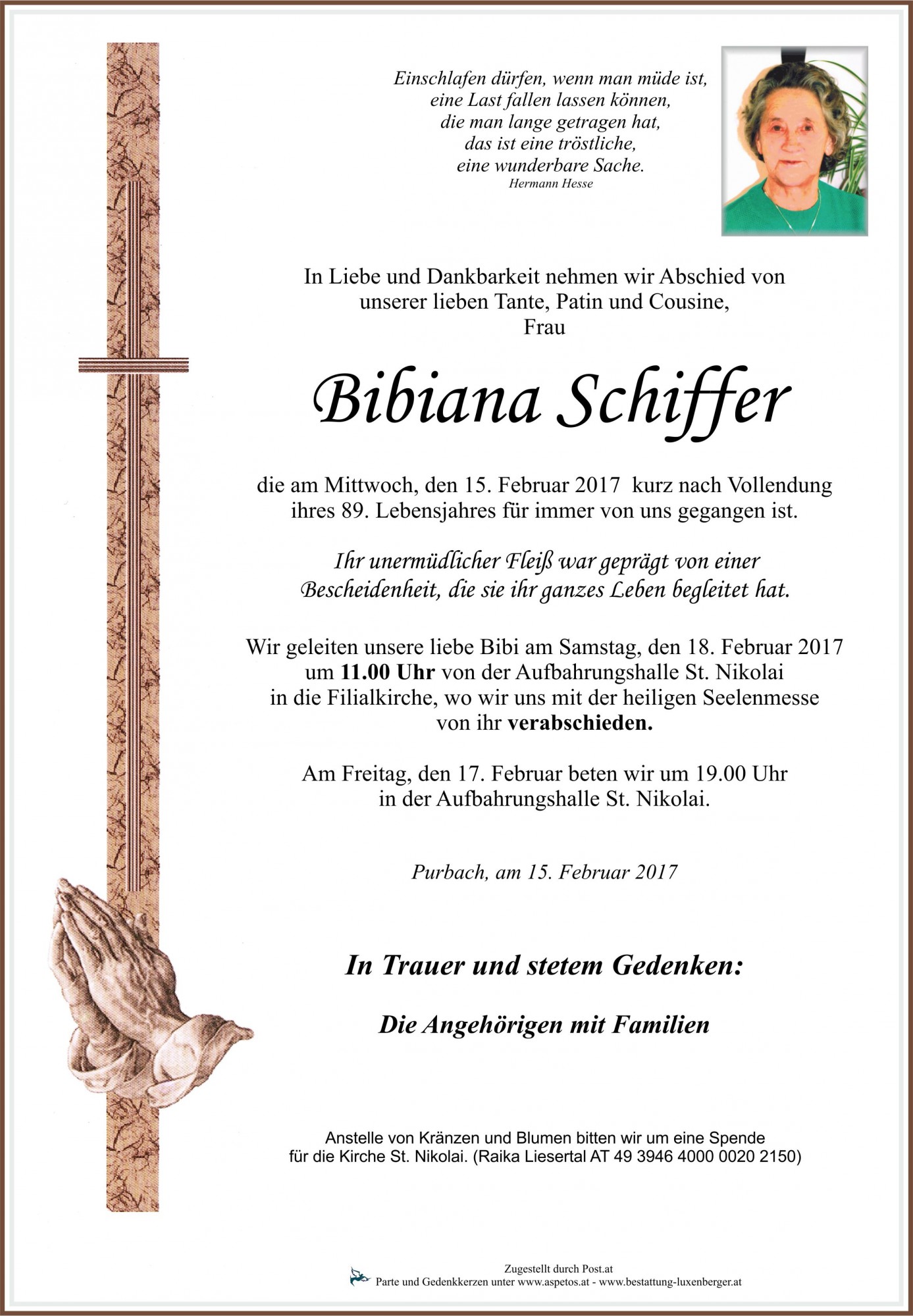 Traueranzeige von Bibiana Schiffer