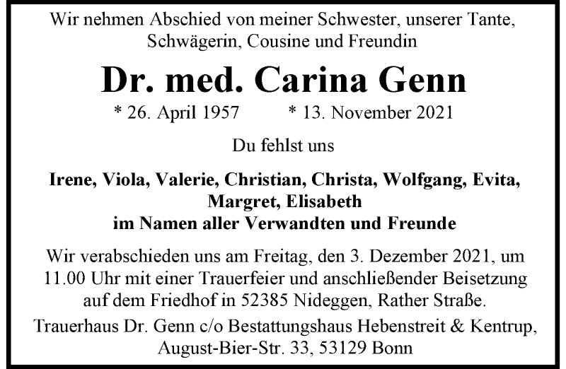 Traueranzeige von Dr. med. Carina Genn
