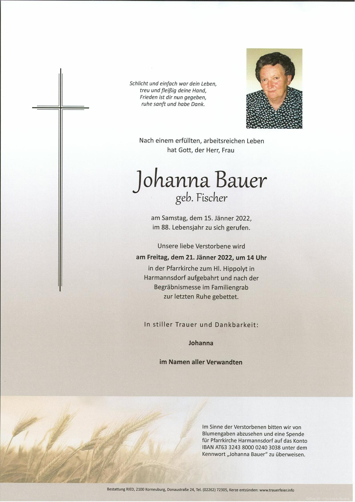 Traueranzeige von Johanna Bauer