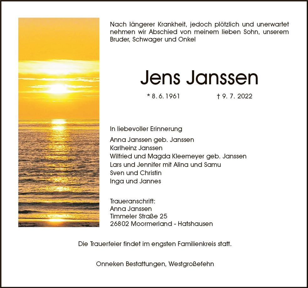 Traueranzeige von Jens Janssen