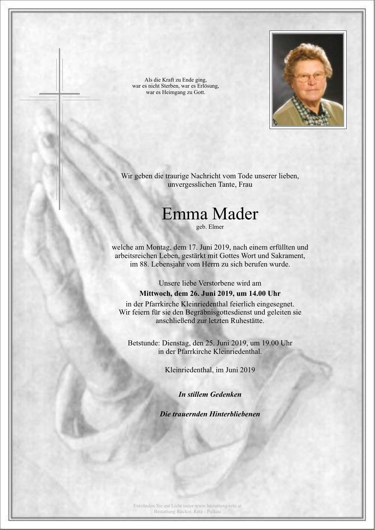 Traueranzeige von Emma Mader
