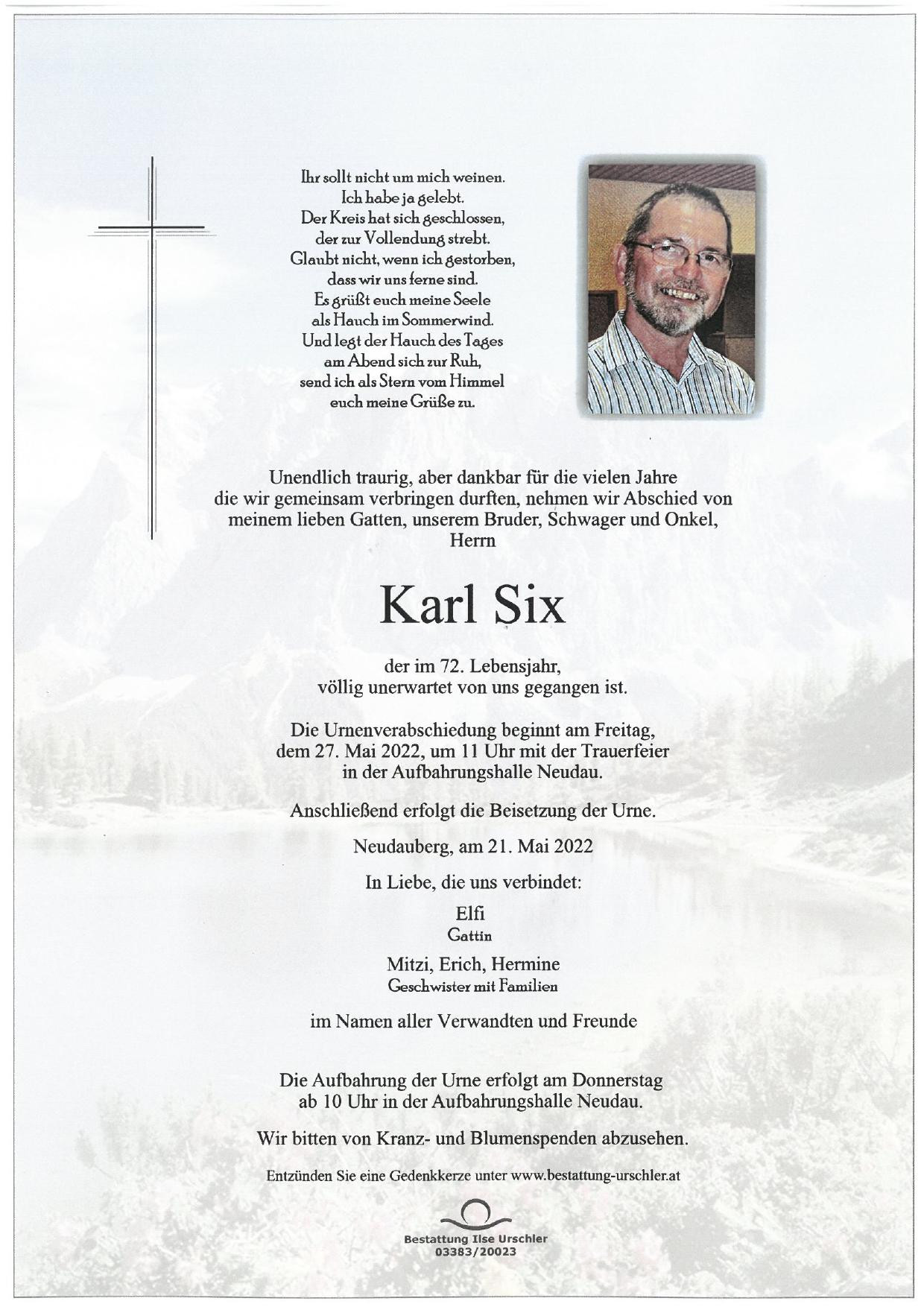 Traueranzeige von Karl Six
