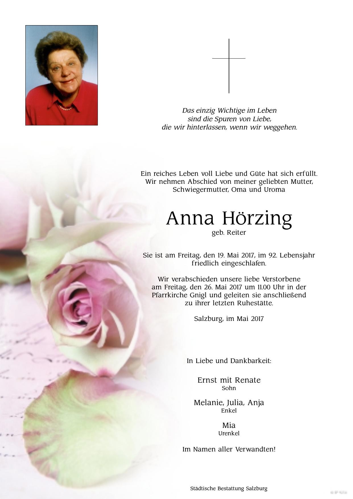 Traueranzeige von Anna Hörzing