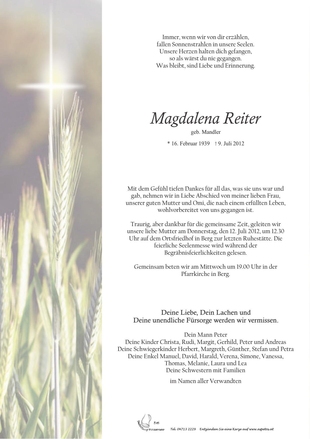 Traueranzeige von Magdalena Reiter