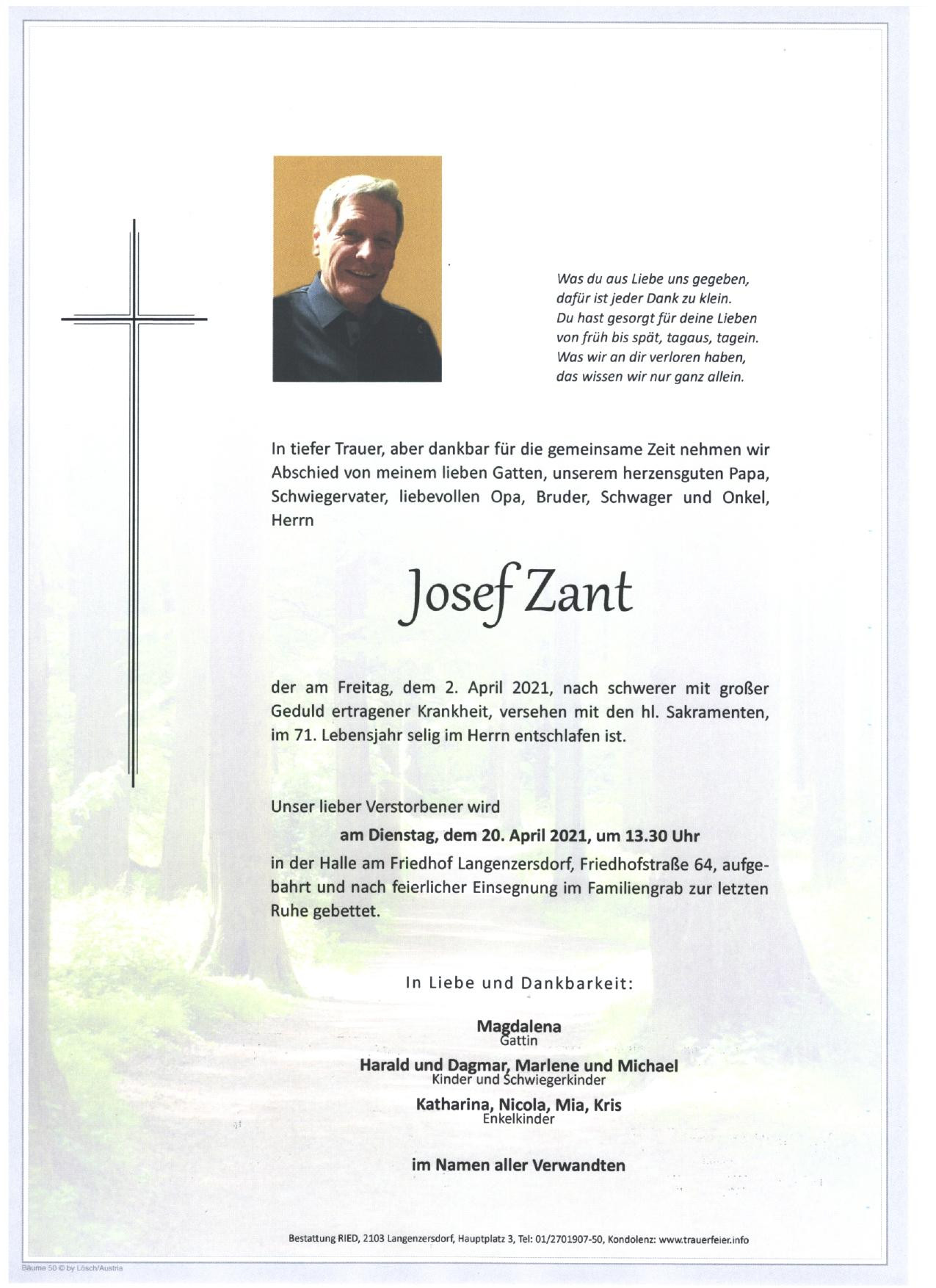 Traueranzeige von Josef Zant