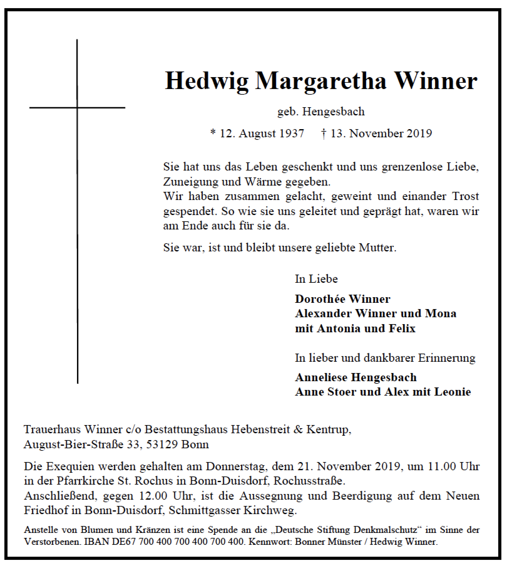 Traueranzeige von Hedwig Margaretha Winner