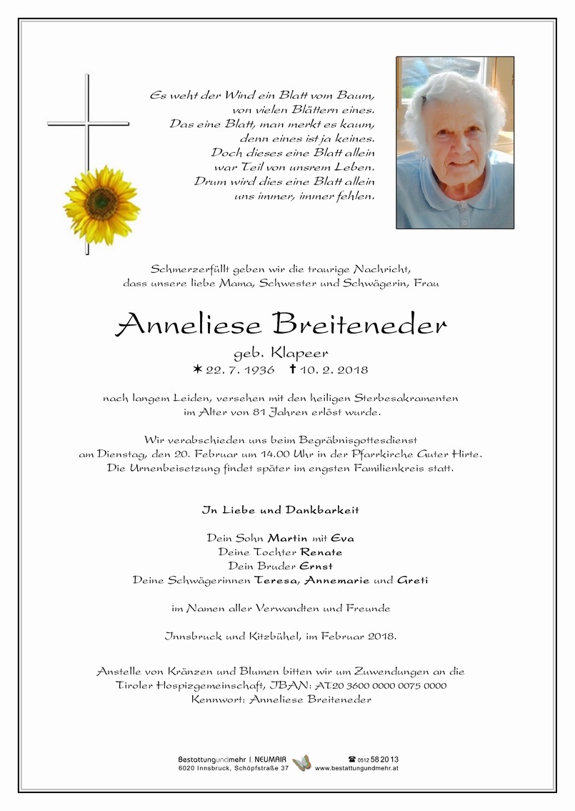 Traueranzeige von Anneliese Breiteneder