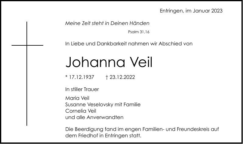 Traueranzeige von Johanna Veil