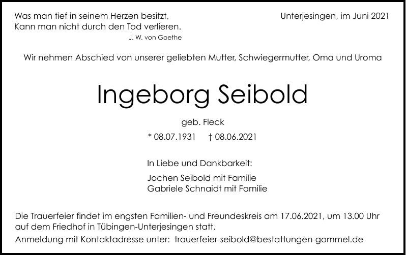 Traueranzeige von Ingeborg Seibold
