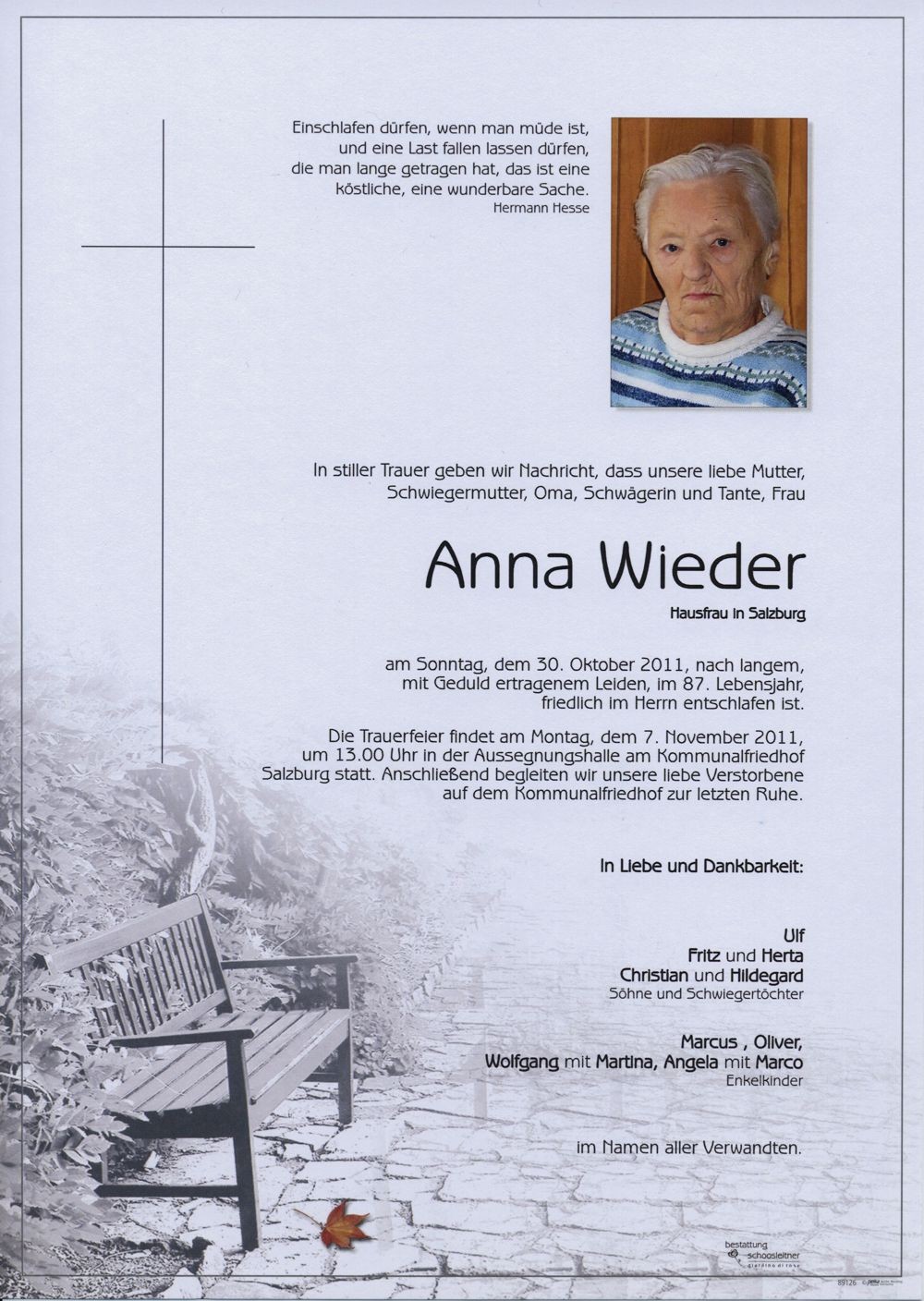 Traueranzeige von Anna Wieder