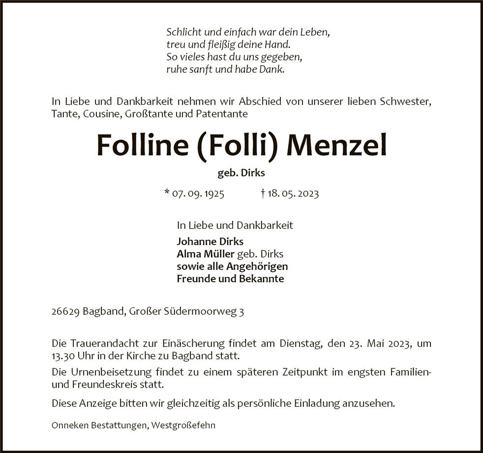 Traueranzeige von Folline (Folli) Menzel